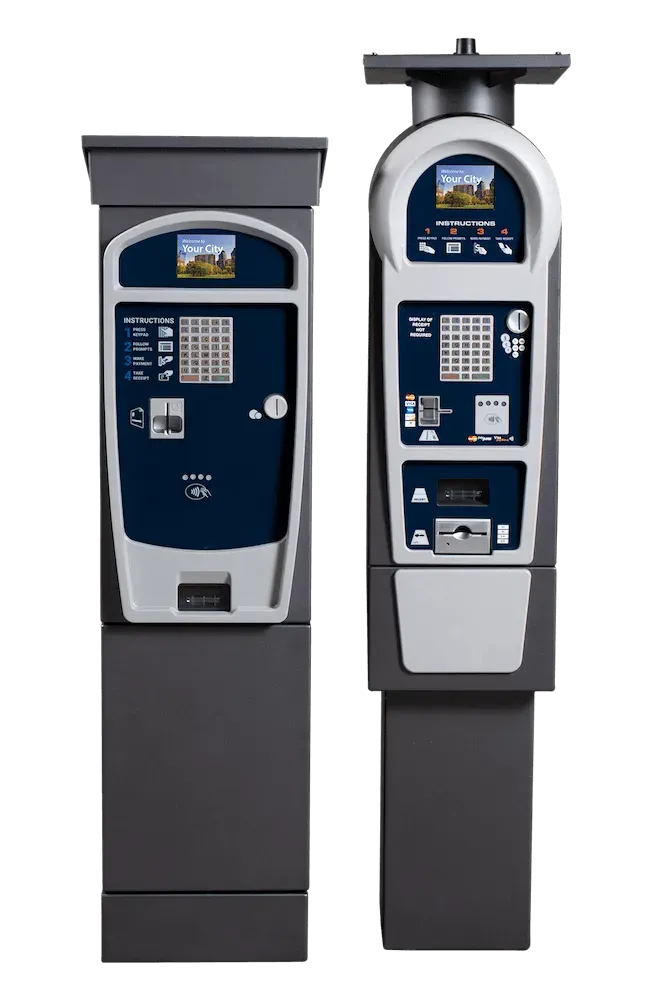 Two dark blue parking pay stations, one left and one right, with screens and buttons on gray pedestals.