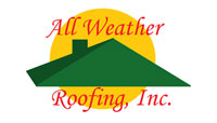 All Weather Roofing, Inc. logo with a green roof and yellow sun over red script text