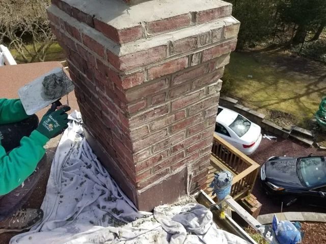Worker repairing a brick chimney on a roof, with a tarp and tools nearby.