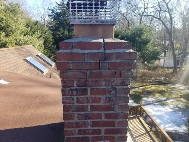 Brick chimney with metal cap on a sloped roof, beside trees and a sunlit yard