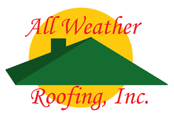 All Weather Roofing, Inc. logo with green roof and yellow sun on white background
