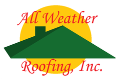 All Weather Roofing, Inc. logo with green roof and yellow sun on white background