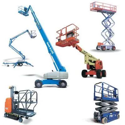 Assorted boom lifts and scissor lifts in blue, red, orange, and white on a white background