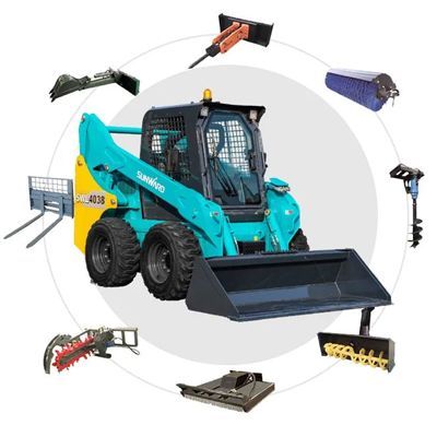Turquoise skid steer loader with multiple attachment tools arranged around it on a white background