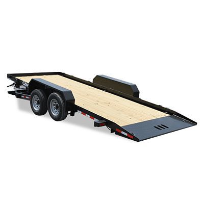 Black flatbed trailer with a wooden deck and dual axles on a white background