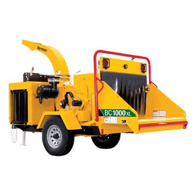 Yellow wood chipper machine with red hopper and black intake chute on white background