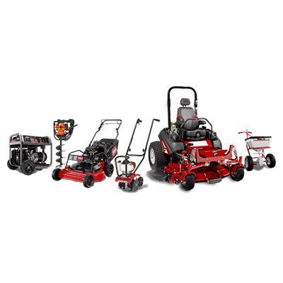 Assorted red and black lawn care equipment, including mowers, trimmer, blower, and utility cart on white background