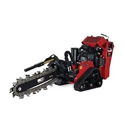 Red tracked trenching machine with black auger attachment on white background