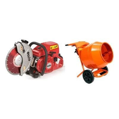 Red and orange portable concrete saws and a cement mixer on a white background