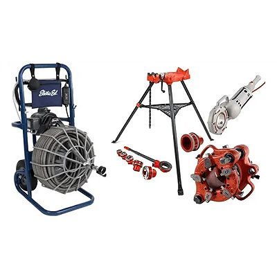 Blue drain cleaning machine with tripod accessories and red replacement parts on white background