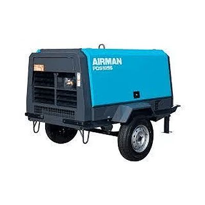 Blue AIRMAN portable air compressor on wheels, isolated on a white background