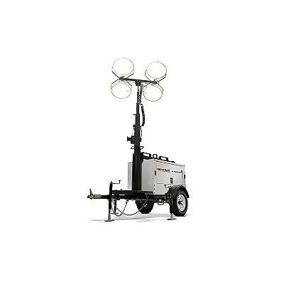 Portable towable light tower with four round floodlights on a trailer against a white background