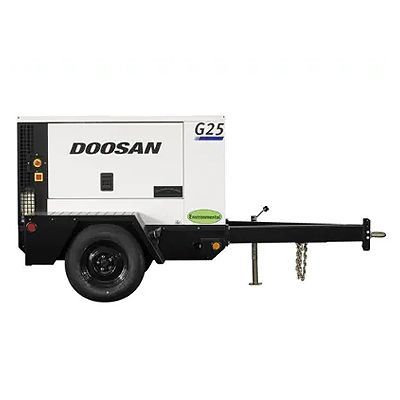 Doosan G25 portable generator trailer, white and black, side view with hitch and wheel