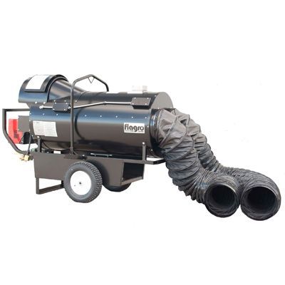 Portable black heater/ventilation unit on a wheeled cart with flexible duct hoses attached