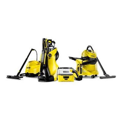 Yellow and black pressure washer, vacuum, and cleaning accessories arranged on a white background