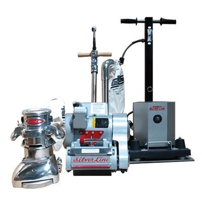 Assorted floor buffers and floor care machines on a white background
