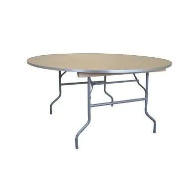 Round beige folding table with gray metal legs on a white background