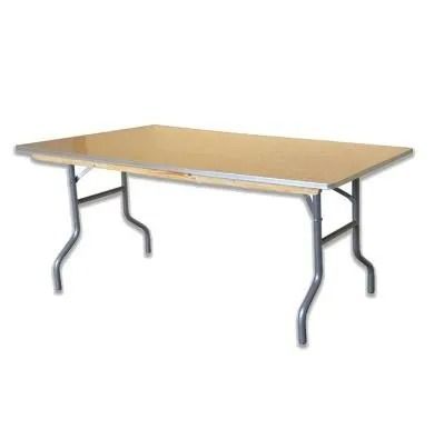 Foldable wooden table with metal legs on a white background