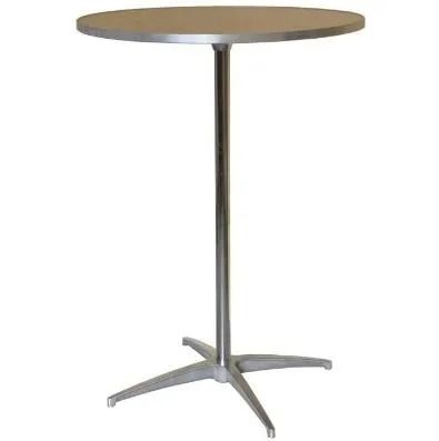 Small round café table with a light wood top and silver metal pedestal base