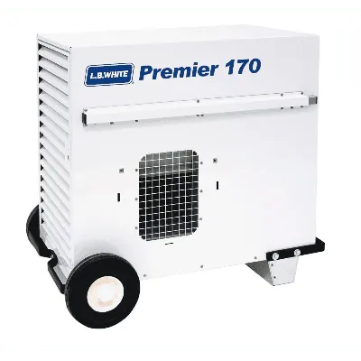 White L.B. White Premier 170 portable heater with wheels and vent grille, shown on a white background