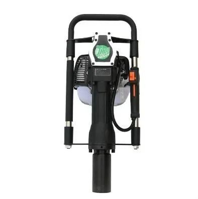 Black backpack leaf blower with orange handle, front view on white background