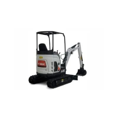 Compact white mini excavator with black tracks and a digging arm on a white background