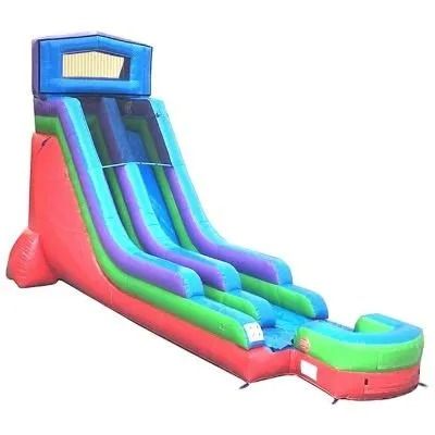 Colorful inflatable double slide with blue, green, and purple lanes and a red base, isolated on white.