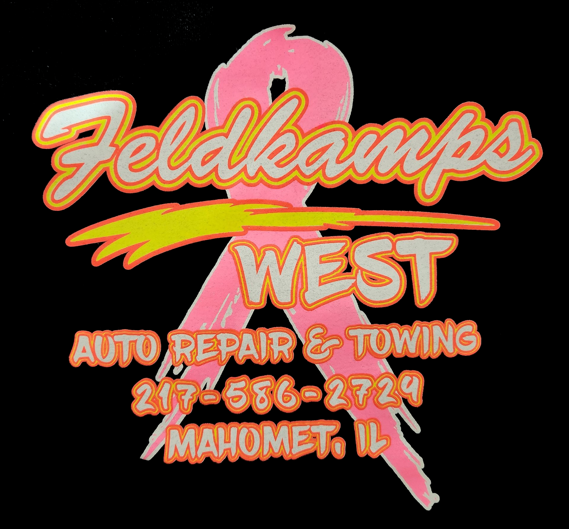 Feldkamps West Auto Repair & Towing logo with text overlayed on a pink ribbon; Mahomet, IL.