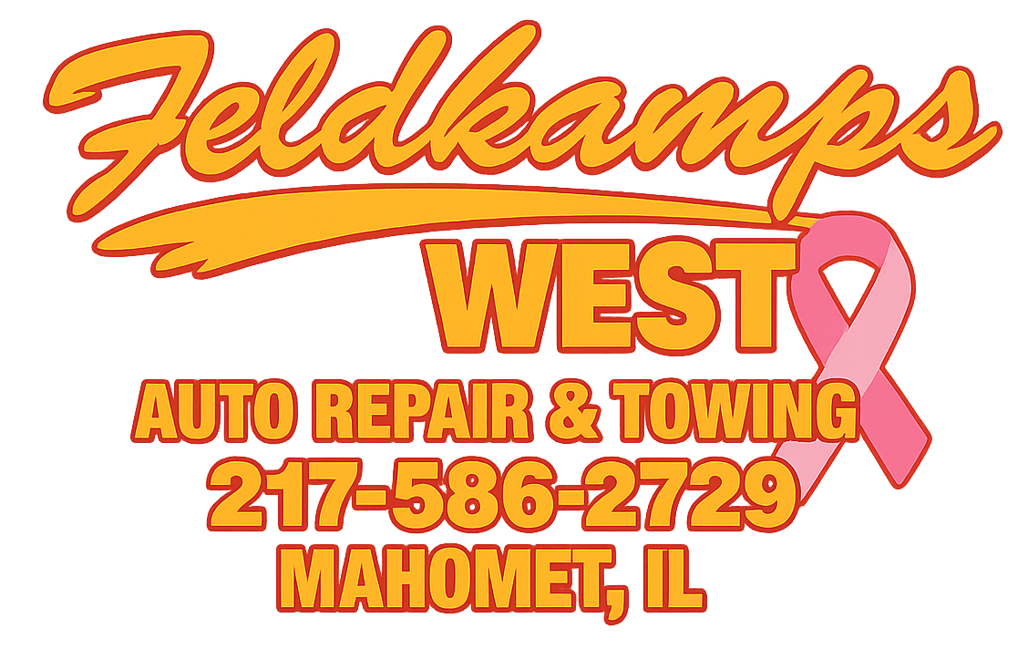 Feldkamps West Auto Repair & Towing logo with text overlayed on a pink ribbon; Mahomet, IL.