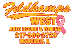 Feldkamps West Auto Repair & Towing logo with text overlayed on a pink ribbon; Mahomet, IL.