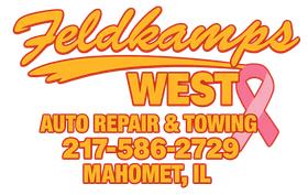 Feldkamps West Auto Repair & Towing logo with text overlayed on a pink ribbon; Mahomet, IL.