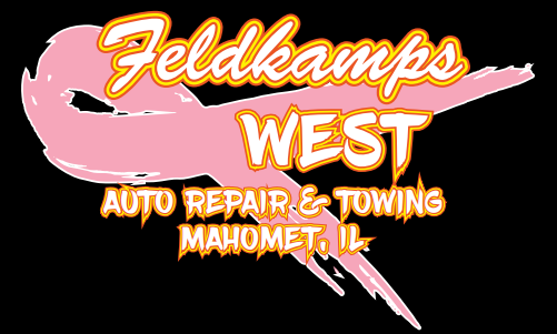Feldkamps West Auto Repair & Towing logo with text overlayed on a pink ribbon; Mahomet, IL.