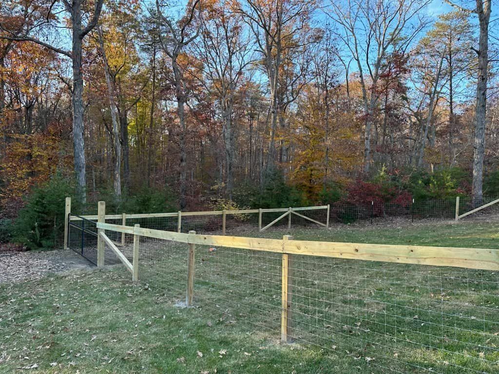 Wooden fence in a backyard with autumn trees in the background.