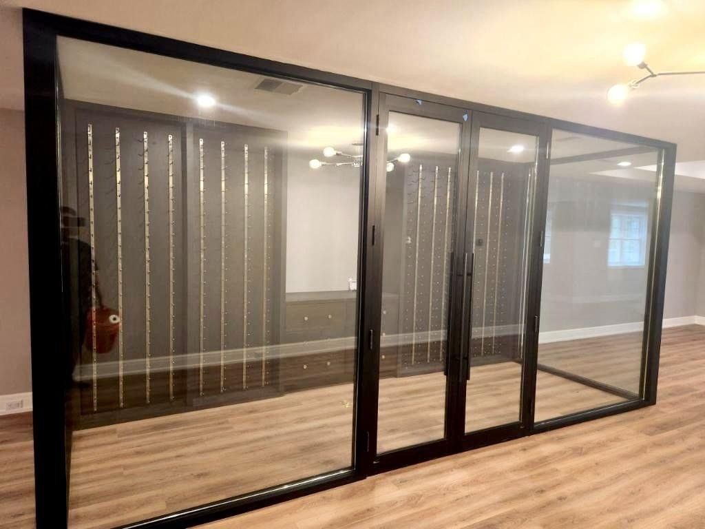 Interior space with glass walls and door