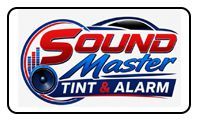 Sound Master Tint & Alarm logo in red, blue, and white with speaker graphic