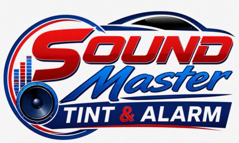 Sound Master Tint & Alarm logo in red, blue, and black with speaker and car silhouette