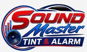 Sound Master Tint & Alarm logo in red, blue, and black with speaker and car silhouette