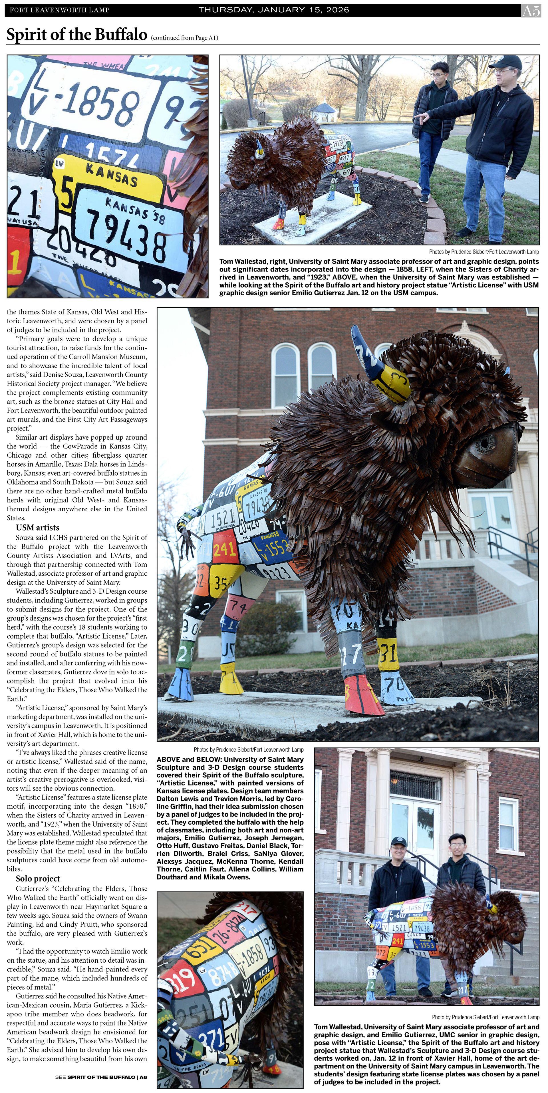 Newspaper article showcasing a large buffalo sculpture made of license plates. The sculpture is in a grassy area with two men standing nearby.