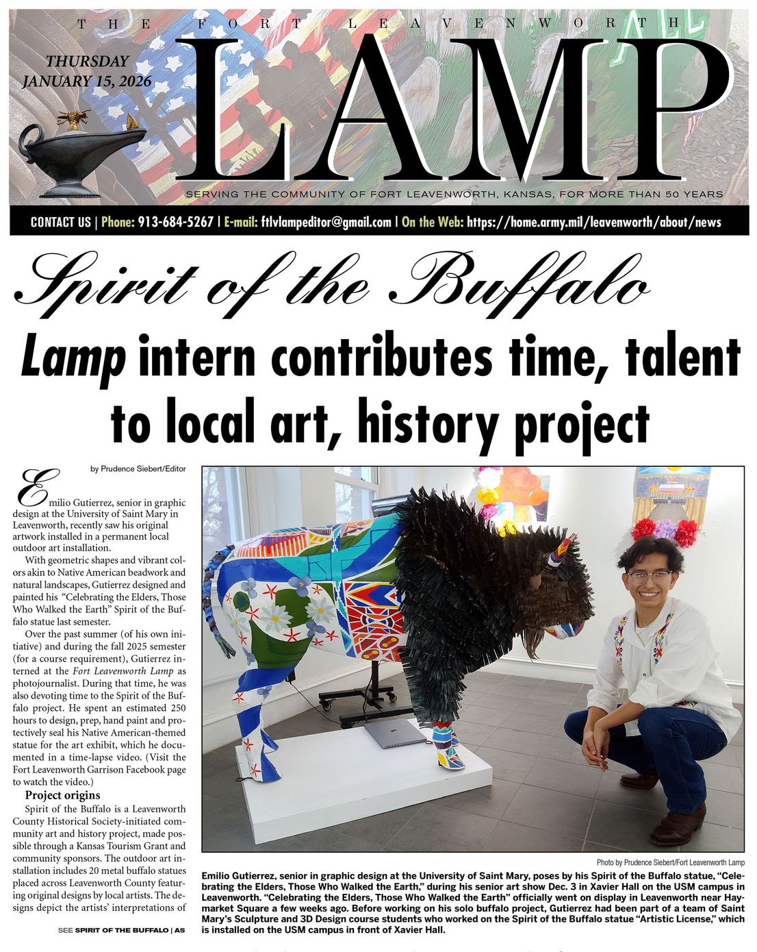 Newspaper front page: a decorated buffalo statue and an intern posing for a photo. Article Spirit of the Buffalo.