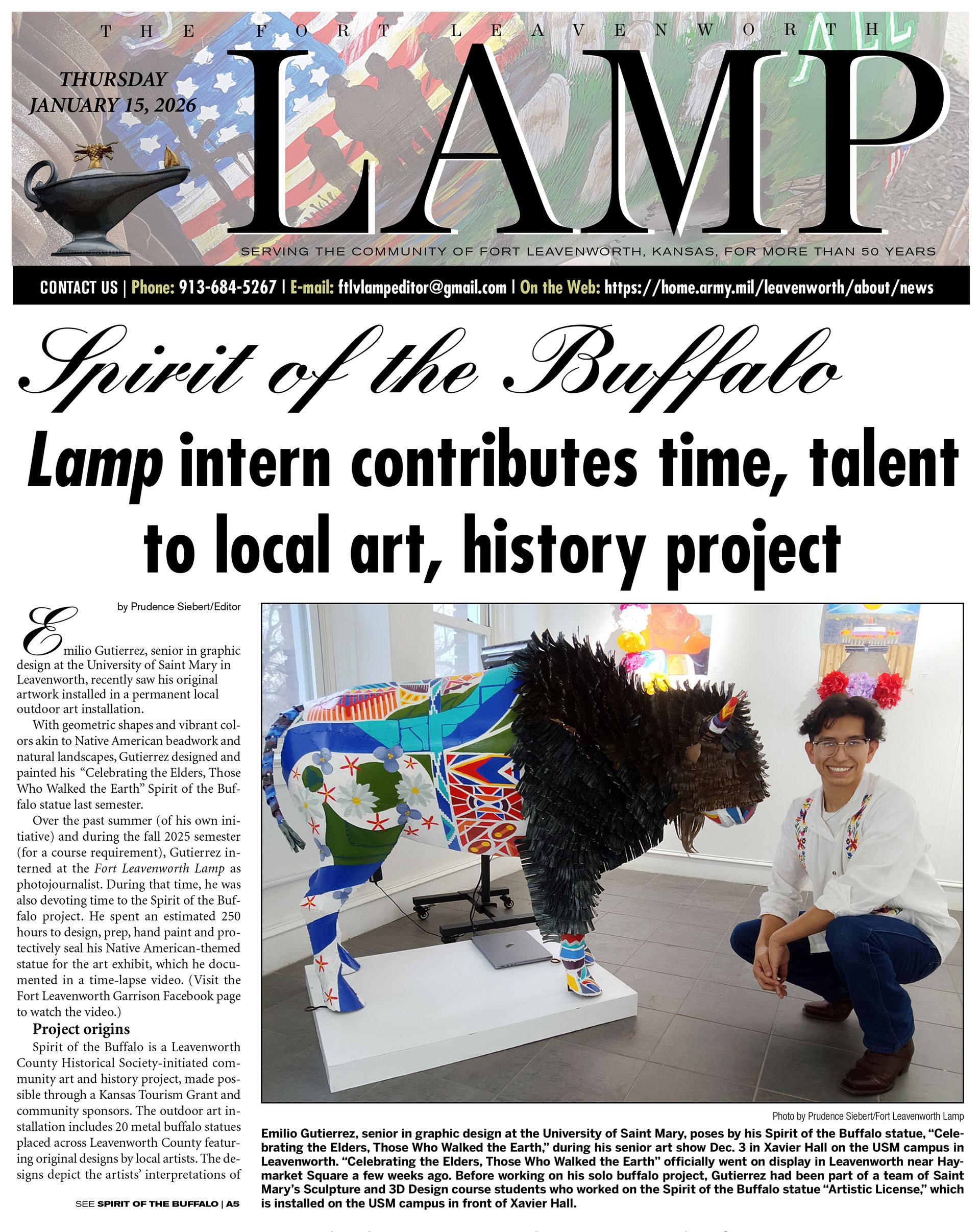 Newspaper front page: a decorated buffalo statue and an intern posing for a photo. Article Spirit of the Buffalo.