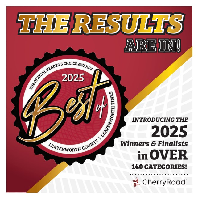 Best of Leavenworth County 2025 award announcement in red, black, and gold, with the results.