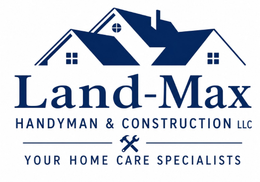Land-Max Handyman & Construction LLC logo with blue house roof icon and tagline “Your Home Care Specialists”