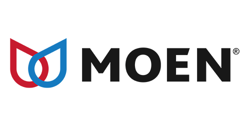 MOEN logo with red and blue stylized faucet emblem and black wordmark