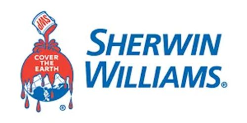 Sherwin-Williams logo with red paint can pouring over a globe and blue company name