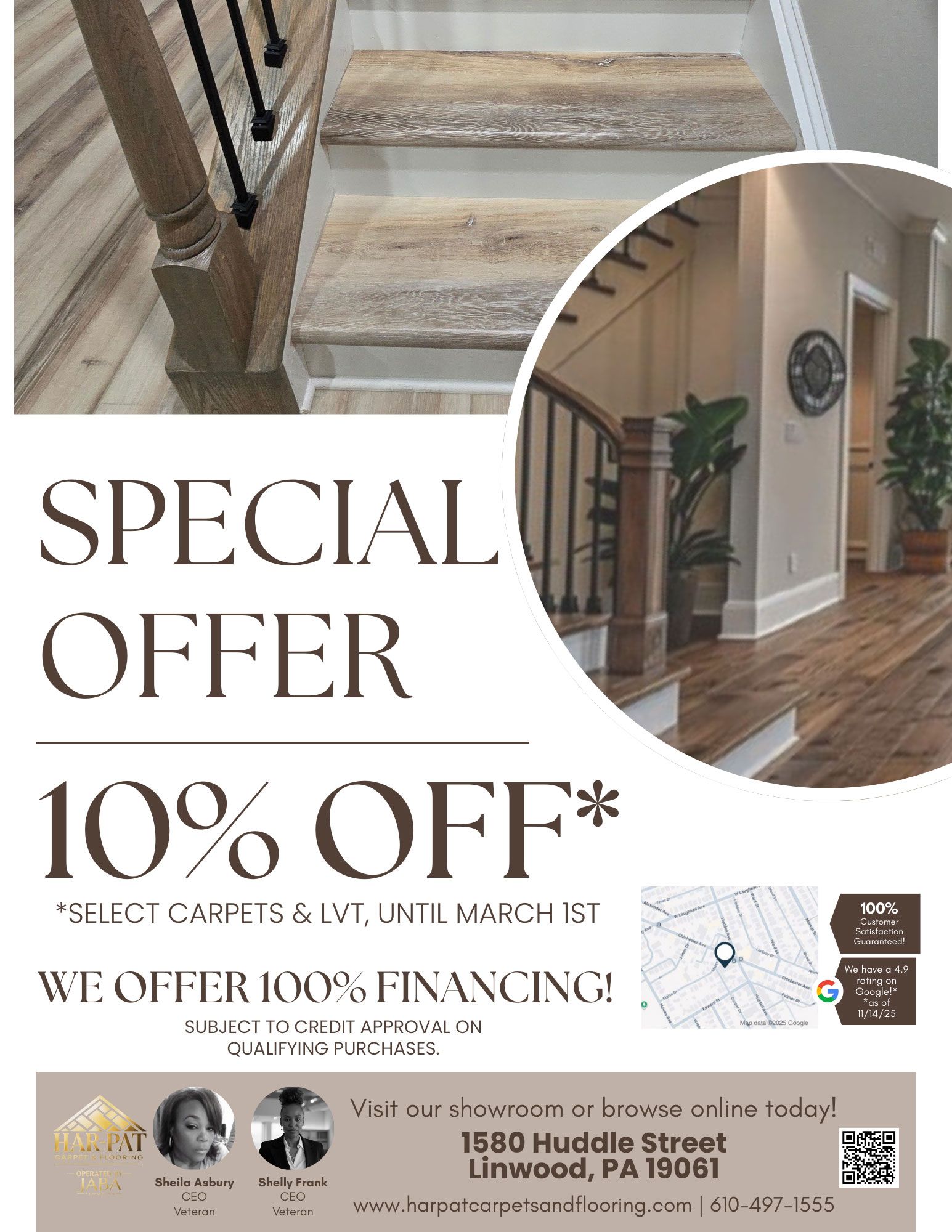 Advertisement for carpet and LVT flooring. Offers 10% off and 100% financing.  Address: 1580 Huddle Street, Linwood, PA.