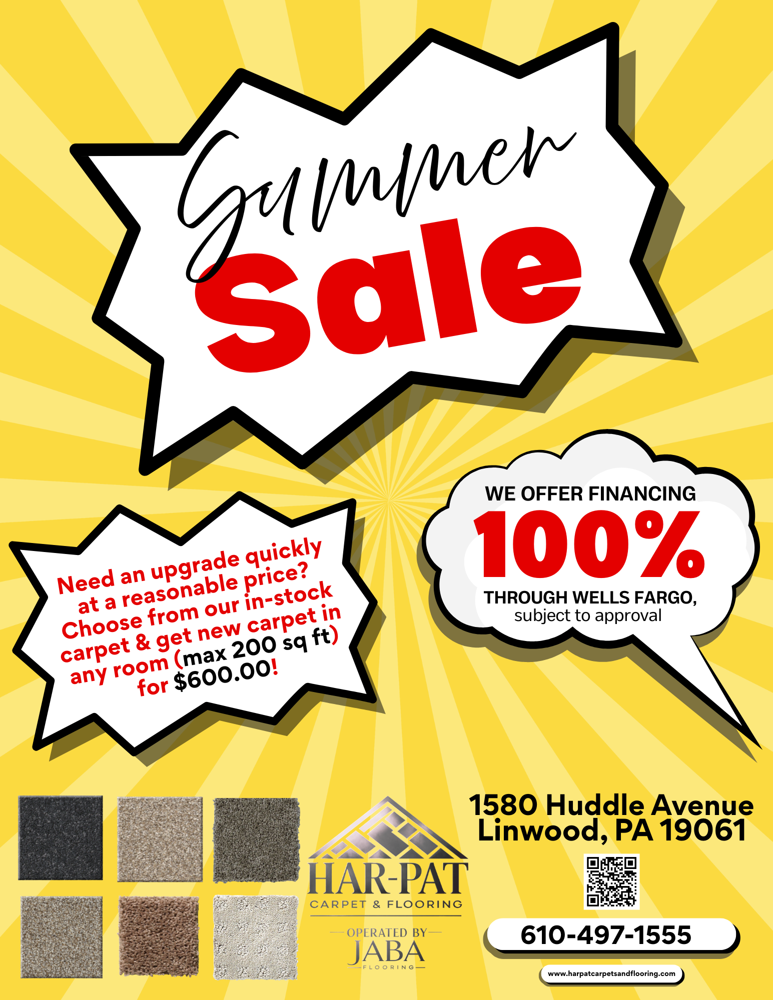 Bright yellow summer sale flyer with financing offer, $49.95, and real estate contact details.