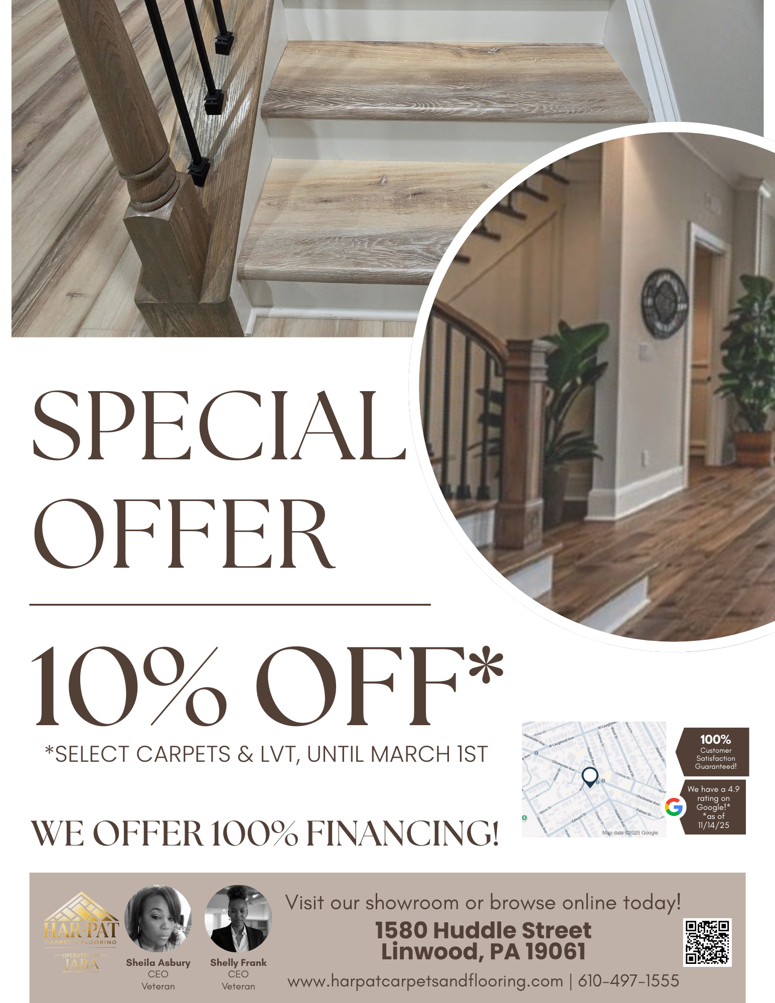 Advertisement for carpet and LVT flooring. Offers 10% off and 100% financing.  Address: 1580 Huddle Street, Linwood, PA.