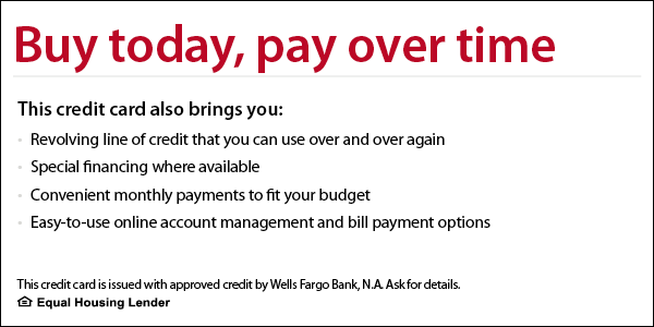 Advertisement for a credit card. Text: Buy today, pay over time. Highlights: credit, financing, payments, aand ccount management.
