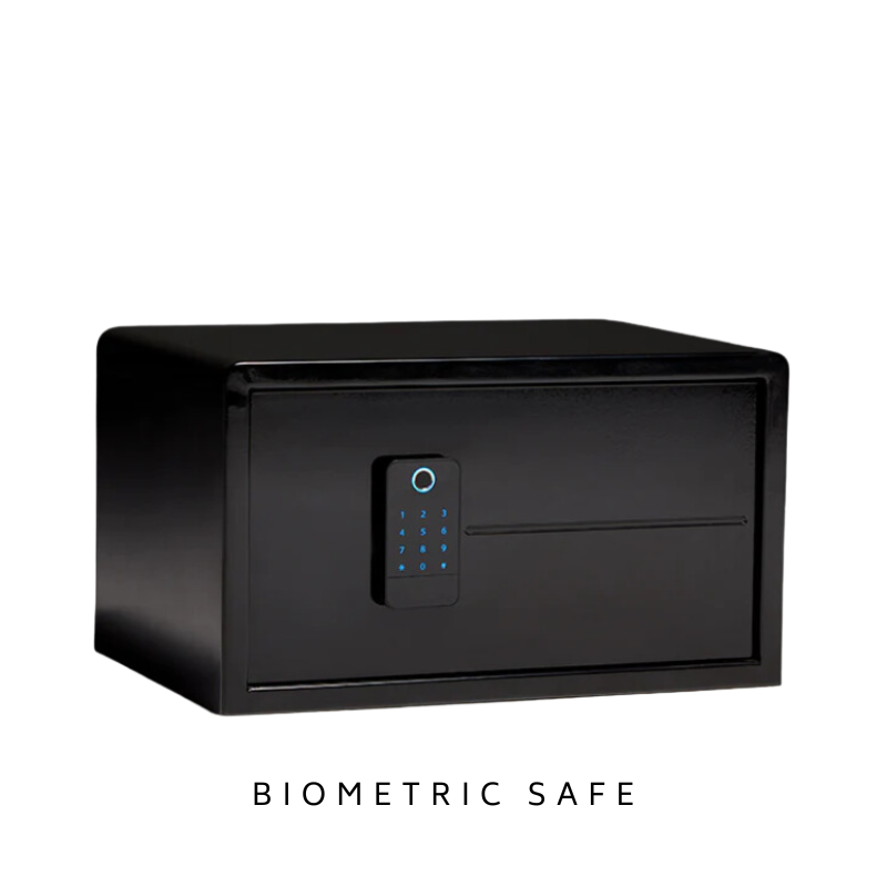 Black biometric safe with keypad lock on a white background