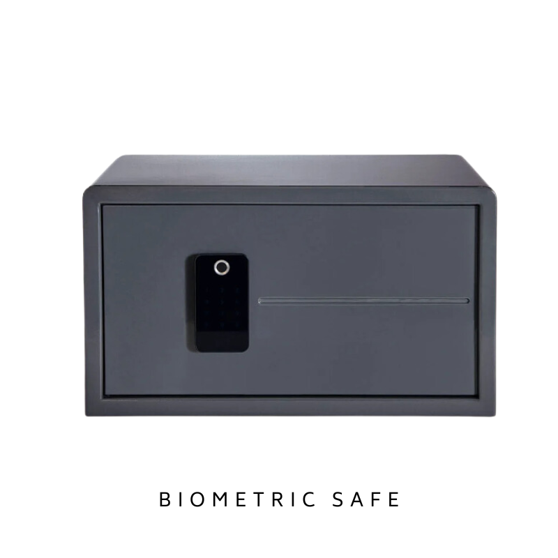 Gray biometric safe with a fingerprint scanner on the front, shown against a white background